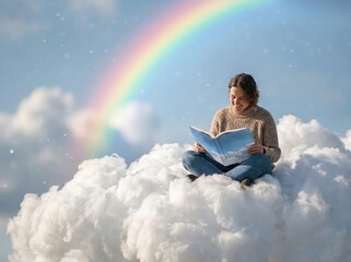 Obraz premium Person reading on a cloud with a rainbow