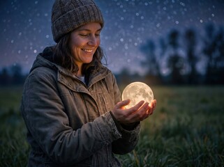Naklejka premium Woman holding a glowing moon in her hands