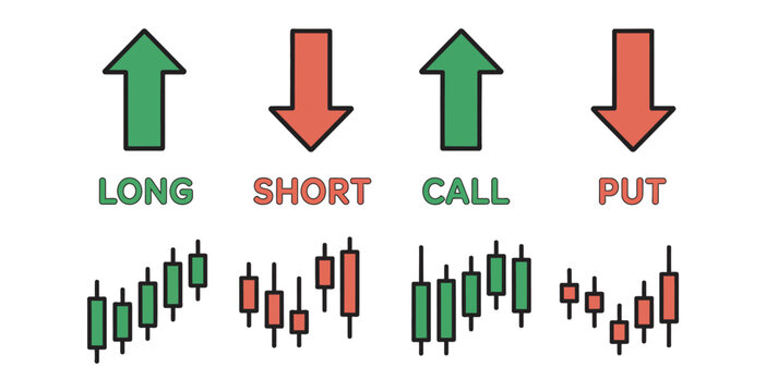 Trading terms icons, call, put, buy, sell, short and long symbols for stock market forex and crypto trading visualization, green and red arrow indicators representing bullish and bearish movements, mo