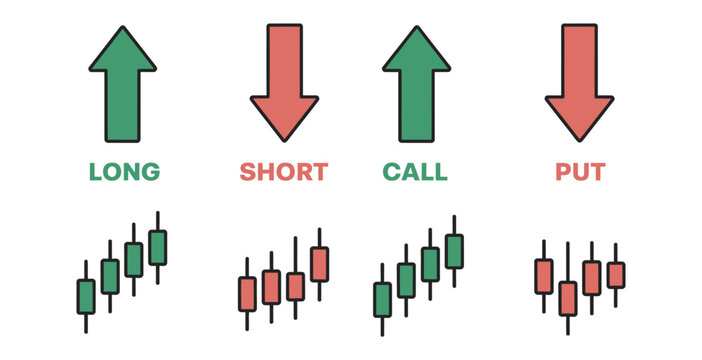 Trading terms icons, call, put, buy, sell, short and long symbols for stock market forex and crypto trading visualization, green and red arrow indicators representing bullish and bearish movements, mo