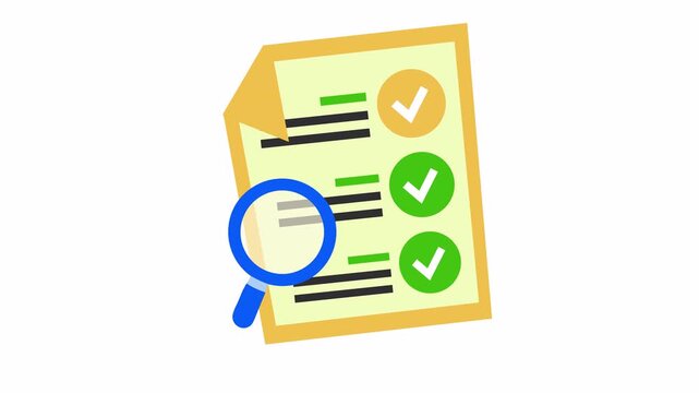 Approved checkmark on document audit and quality control checklist with magnifying glass icon in a cartoon animation for business inspection and compliance verification element concept.
