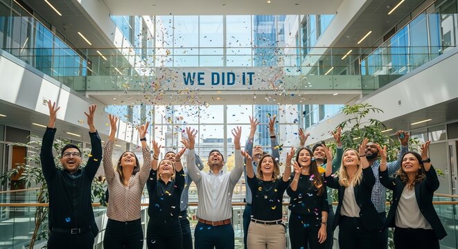 Group of Diverse People Celebrating Success in Modern Office Environment.