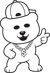 Fototapeta premium Cute cartoon bear wearing a cap and dollar sign chain, cool teddy bear character line art, funny hip hop bear mascot vector illustration.