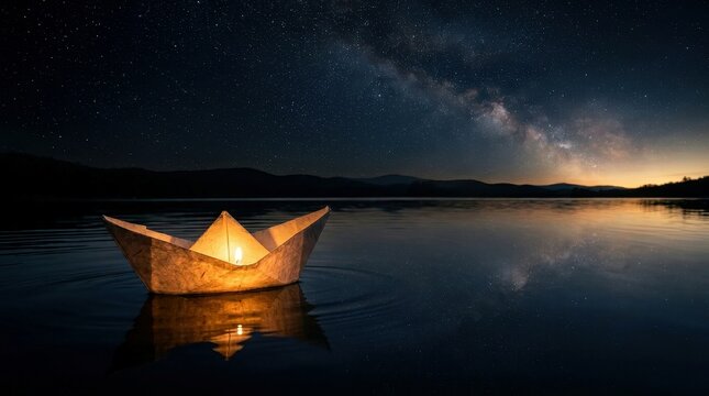Hope and Remembrance. Illuminated paper boat floating on a calm lake under the Milky Way, World Refugee Day, symbol of migration and resilience.