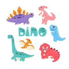 A set of friendly dinosaurs including T-Rex, Triceratops, and Stegosaurus. Creative animal characters for kids' education, nursery decor, and textile design. Vector illustration isolated on white. © Инна Музыка