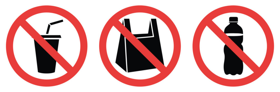 Set of no plastics sign vector illustration with prohibition symbols for plastic bag, bottle, glass, and drink cup waste reduction