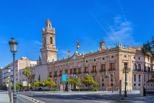 Santo Domingo Convent in downtown Valencia, Spain. Perspective view, historical architecture, clear blue sky, daylight
