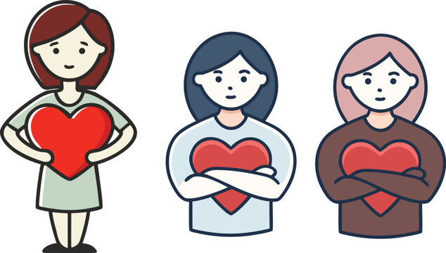 Three women holding red heart symbol showing love kindness compassion and self acceptance in simple cartoon style.