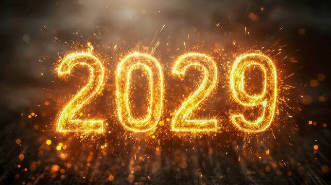 Glowing fiery digits forming the year 2029 surrounded by sparks and festive glowing particles against a dark blurred background for celebration concepts