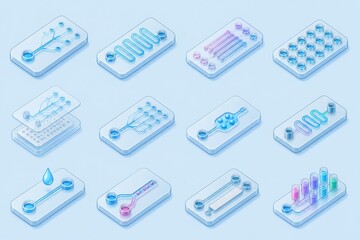 Fototapeta premium Isometric blue glass tech tiles with circuits nodes and molecular data panels for science education presentation design