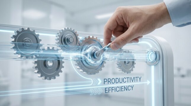 Hand pressing button on machine illustrating concept of efficiency leverage in modern technological systems