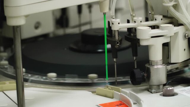 Automated robotic pipetting system precisely dispenses blue liquid into vials in a sterile lab.