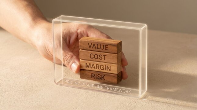 Person holding a wooden block in a thoughtful pose reflecting on pricing discipline framework and business strategy