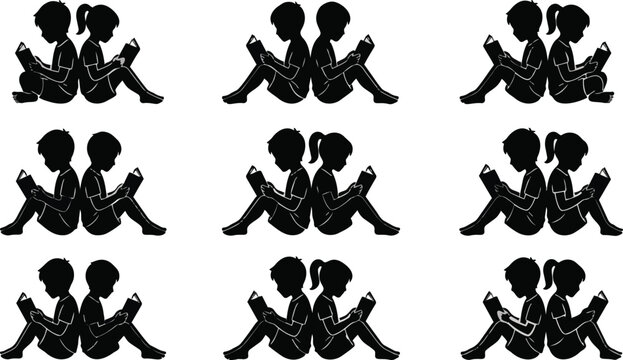 Silhouette collection of young children sitting back to back while reading various books together in a peaceful and studious educational activity designed as a graphic resource isolated on transparent