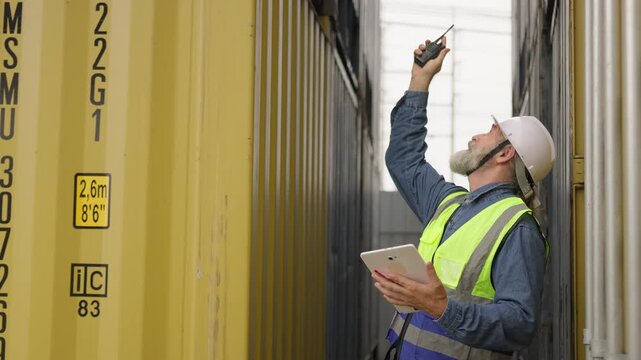 A senior logistics manager coordinates operations at a container terminal, using a radio and tablet for quality control and supply chain management.