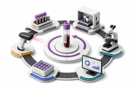 Medical laboratory workflow with blood sample tube microscope analyzer and data monitor in 3D render