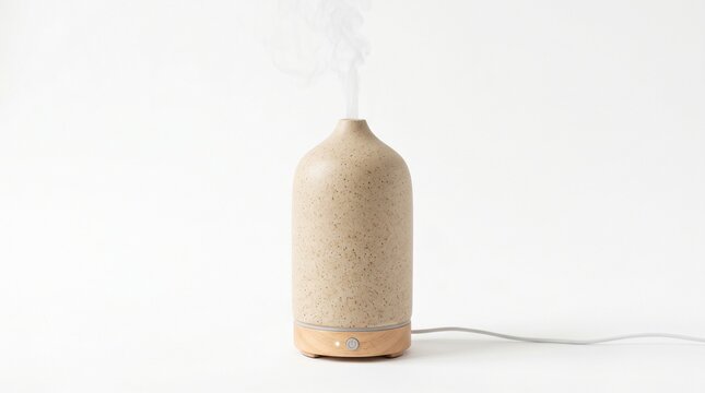 A simple modern beige speckled aroma diffuser stands isolated on a pure white background showcasing its elegant minimalist design ideal for modern home decor