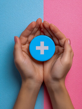 Hands gently holding a blue circular sign with a white medical plus symbol on a vibrant half pink and half blue textured background