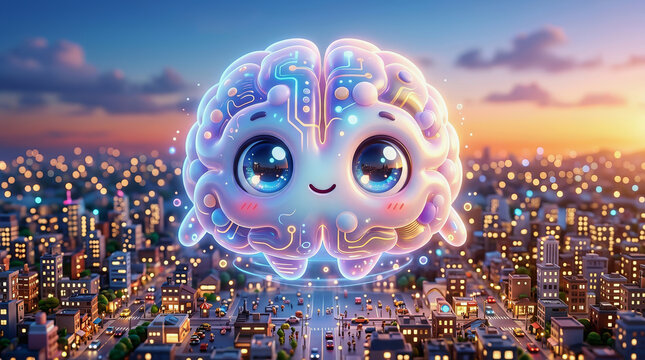 Cute cartoon brain with glowing eyes floats above a vibrant city skyline at sunset, symbolizing artificial intelligence and urban innovation.