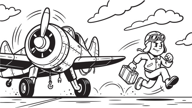 Airplane jet engine and pilot action cartoon silhouette with clouds and dynamic motion lines, outlined sketch for adventure scenes
