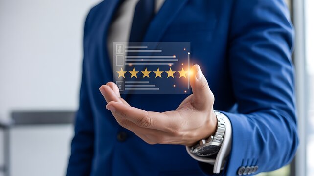 Business professional holding digital customer satisfaction icon with rating stars representing client experience feedback review system service quality evaluation and loyalty management concept