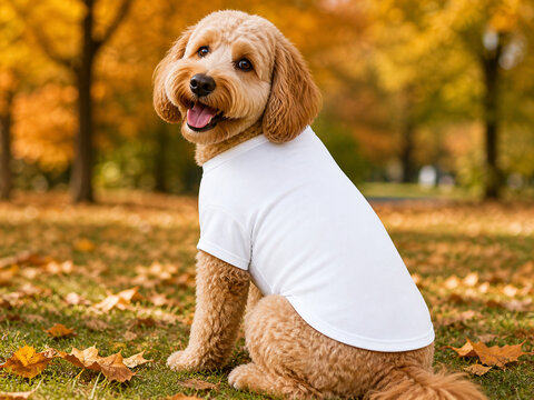 Happy doodle dog wearing a blank white shirt in an autumn park, cute pet apparel mockup with golden leaves.