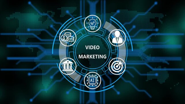 &ldquo;Video marketing, Artificial Intelligence, and Global Business Network Technology Concept&rdquo;. Digital circuit board on world background. Representing artificial intelligence, and future technology