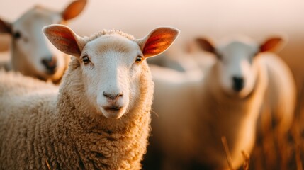 Obraz premium Three fluffy sheep stand together in a sunlit meadow during the golden hour.