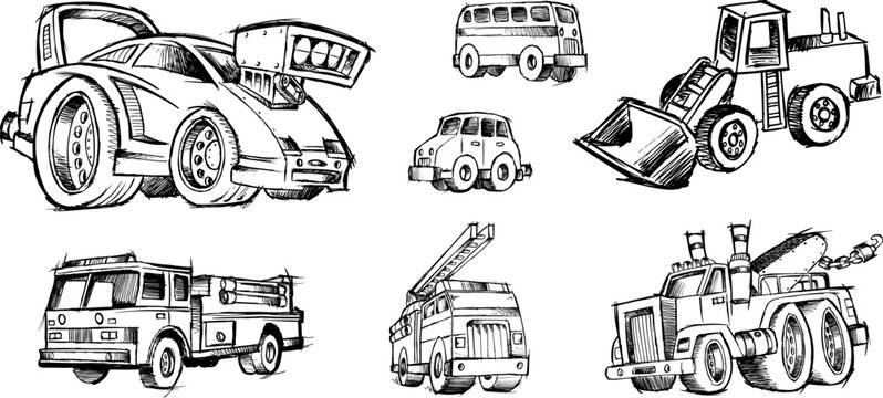 Hand drawn vehicles and heavy machinery sketches including fire truck car and bulldozer