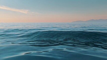 Fototapeta premium Calm Ocean Waves Reflecting Soft Sunset Sky Over Distant Hills