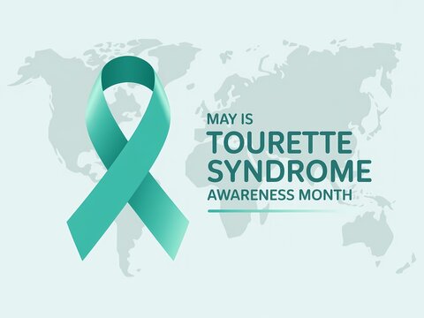 Tourette syndrome awareness month in may with teal ribbon and world map background