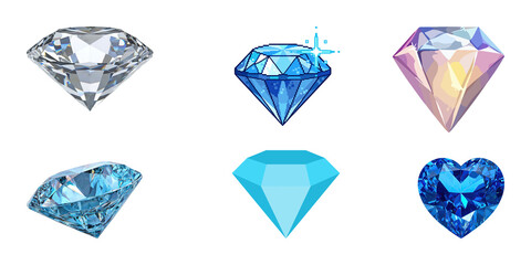 Fototapeta premium Collection of various diamond and gemstone icons in different artistic styles including pixel art and realistic 3D renderings for games and design projects