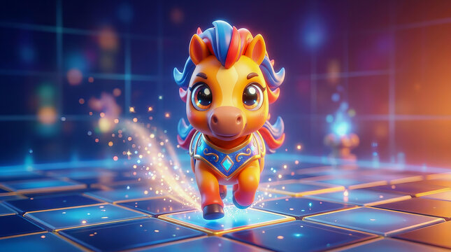 Cute cartoon pony with colorful mane and armor running on glowing blue grid floor with magical sparkles in futuristic digital background
