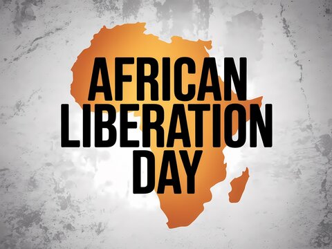 African liberation day typography design with a map of africa silhouette on a textured grey background