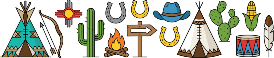Wild West Cowboy and Native American Icon Collection Featuring Teepees Cactus Horseshoes and Campfire Vector Illustrations © Najir