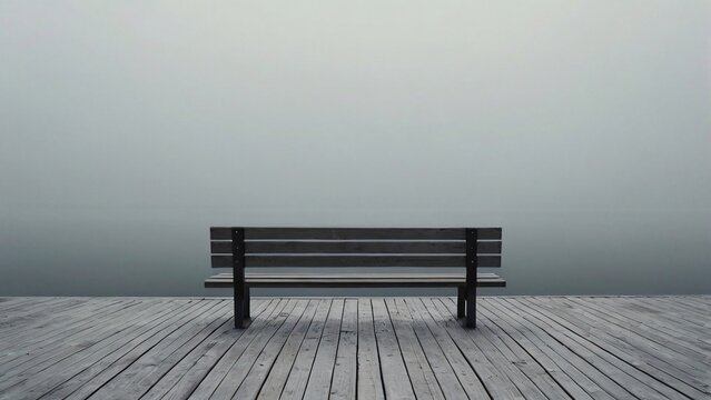 Minimalist empty park bench on wooden planks with a foggy background