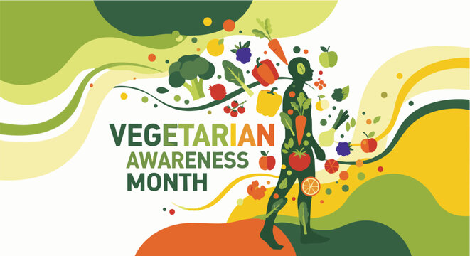 Vegetarian Awareness Month illustration with colorful abstract shapes and vibrant green human figure for health and nutrition campaigns