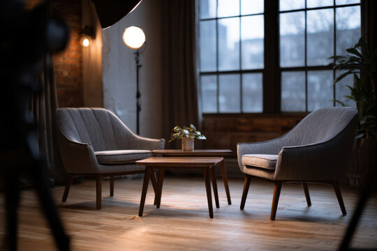 A cozy modern sitting area featuring comfortable armchairs and wooden tables illuminated by warm studio lighting in a stylish urban loft setting