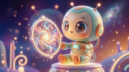 Naklejka premium Cute cartoon robot holding a glowing magical portal in a colorful space setting with stars and sparkles.