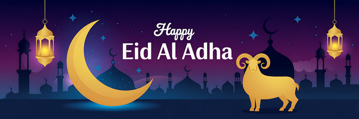 Naklejka premium Happy Eid Al Adha banner with crescent moon and ram