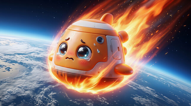 Cute cartoon robot spaceship burns up in fiery reentry over Earth's atmosphere with worried expression and glowing flames trailing behind.