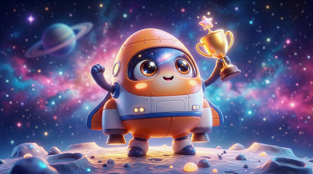 Cute cartoon robot astronaut holding trophy on moon surface with stars and planets in colorful galaxy background
