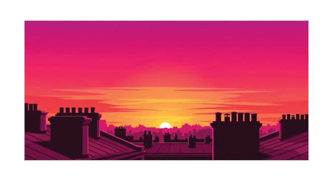 Silhouette of city buildings at sunset.