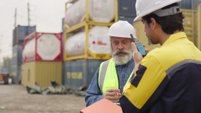 Two logistics workers collaborate on site management at a cargo terminal, using a walkie-talkie to coordinate freight shipments for supply chain efficiency.