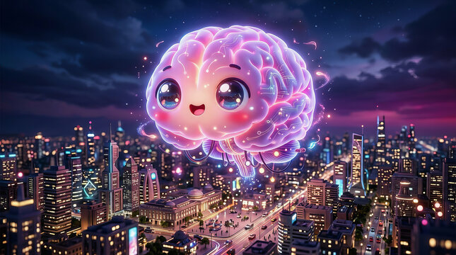 Cute glowing brain character floats above a vibrant futuristic city skyline at night with neon lights and digital energy effects.