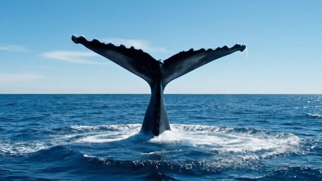 Humpback Whale Tail Fluking And Diving Into Deep Blue Ocean Water Under Clear