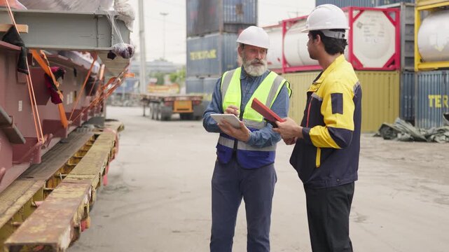Two logistics workers inspecting secured cargo on a flatbed truck at a shipping terminal, collaborating on supply chain management using a digital tablet.