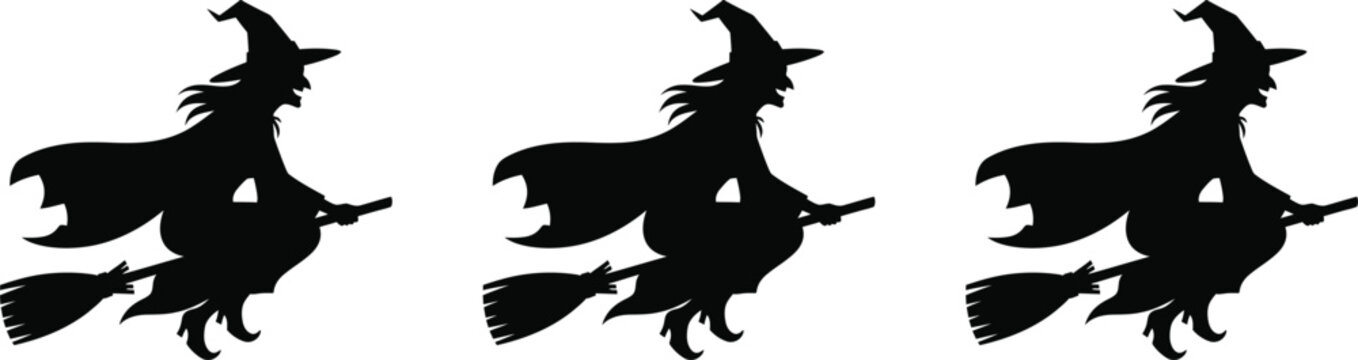 Halloween witch silhouettes flying on broomsticks