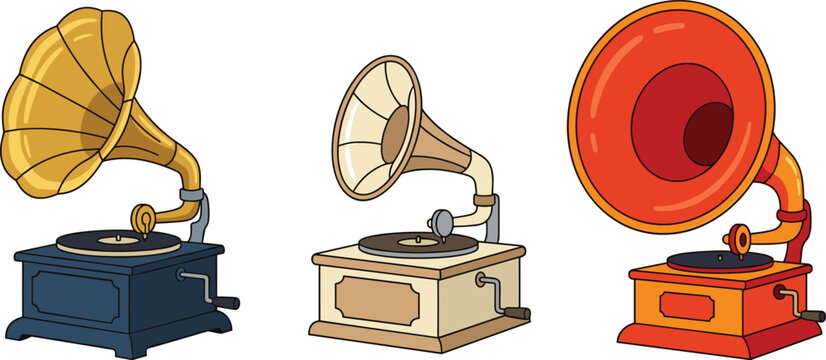 Vintage Gramophone Collection Featuring Antique Phonograph Music Players in Retro Flat Vector Illustration Style