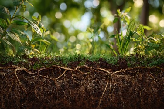 Detailed view of intertwined plant roots beneath soil surface with vibrant green plants and blurred natural background showcasing underground ecosystem connectivity